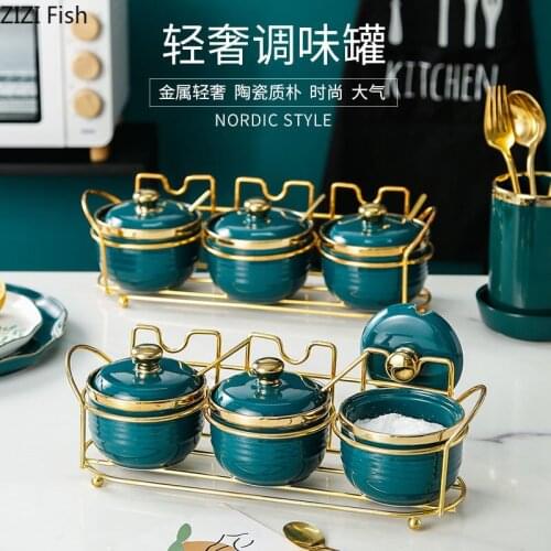 3pcs Art Ceramic Dark Green Seasoning Pot Luxury Phnom Penh Soy Sauce Vinegar Bottle with Shelf Household Chili Salt Sugar Bowl