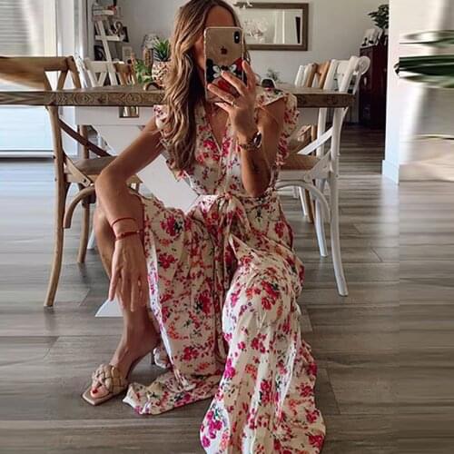Boho Dress 2021 Summer Floral Print Ruffles Maxi Women Dress Spring V Neck Butterfly Sleeve Lace-up Belted Long Beach Dress Robe
