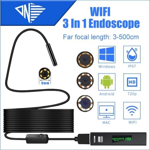 Wifi 8mm Far Focus Lens 3 in 1 HD 720P Endoscope IP68 Industrial Tube Mirco USB Type-C Borescope Video Inspection for Android Ph