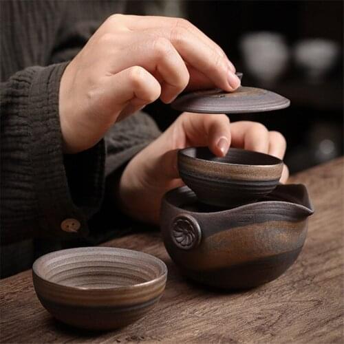Ceramic Handmade Tea Set Including 1 Pot + 2 Cups Creative Retro Teapot Pottery Office Teacup Travel Portable Kung Fu Kettle