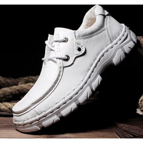 Mens Leather Casual Shoes Fashion Big Size 38-48 Outdoor Shoes Moccasins Man Platform Lace-up Hiking Plus Size Shoes Men Retro