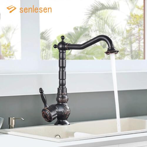Senlesen Kitchen Basin Faucet Oil Polished Black Tap Brass Mixer Tap Single Hole 360 Rotate Deck Mounted Hot and Cold Water