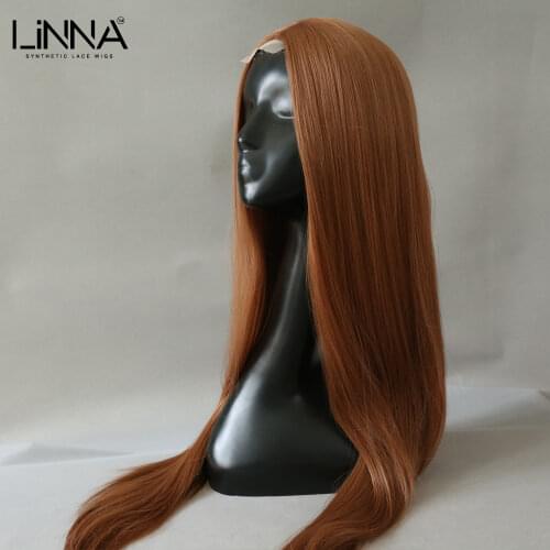 LINNA Brown Blonde Hair Synthetic Lace Wig 26 Inch Long Straight Wigs For Women High Temperature Fiber Daily Party Cosplay Wigs