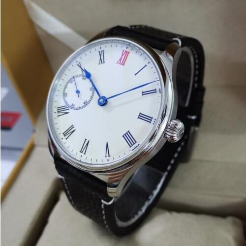 GEERVO No logo 44mm Manual mechanical mens Watch White enamel dial Roman number Blue heart-shaped hand ST3600-2 Movement