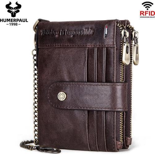 RFID Men Wallets Slim Leather Bifold Hasp Vintage Short Male Purse Coin Pouch Multi-functional Cards Wallet Designer Chain Bag
