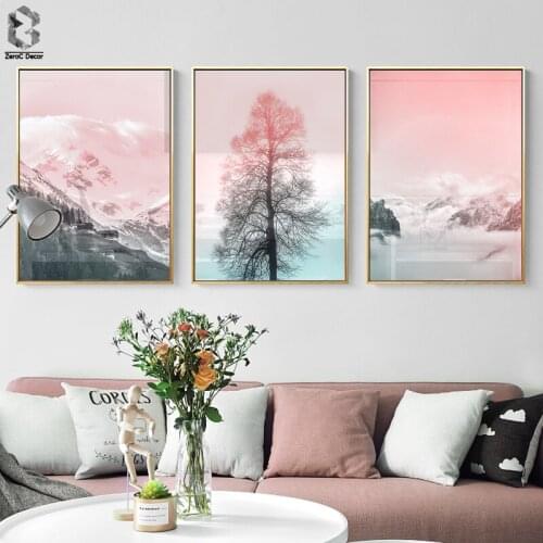Pink Mountain Tree Landscape Canvas Painting Wall Art Posters and Print Girl Nodic Decorative Wall Pictures For Living Room