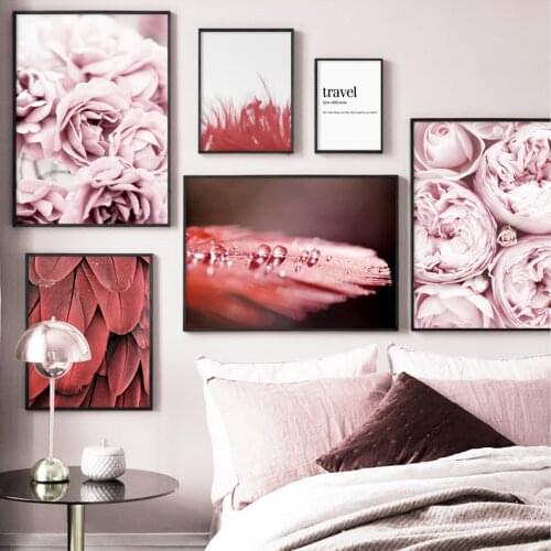 Red Feather Pink Peony Flower Travel Wall Art Canvas Painting Nordic Posters And Prints Wall Pictures For Living Room Home Decor