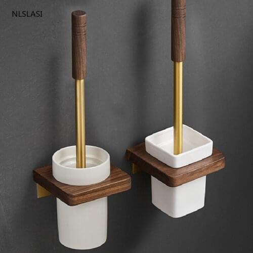 Wall-mounted Punch-free Ceramic Base Toilet Brus Solid Wood Toilet Brush Set Home Bathroom Accessories Toilet Brush Holder