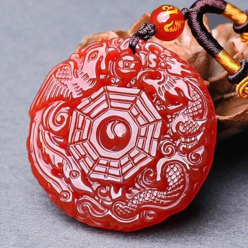 Natural Chinese Red Agate Five Elements Eight Diagrams Jade Pendant Necklace Fashion Charm Hand Carving Jewelry Amulet Gifts