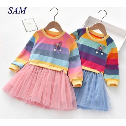 2021 Girls Spring and Autumn Dresses Childrens Long Sleeve Striped Colorful Rainbow Dresses Princess Cute Party Dress for Kids