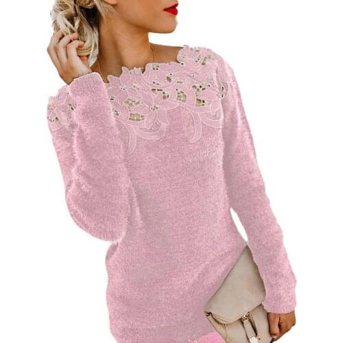 Plus Size Sexy Women Floral Lace Long Sleeve Sweater Solid Color Jumper Top
