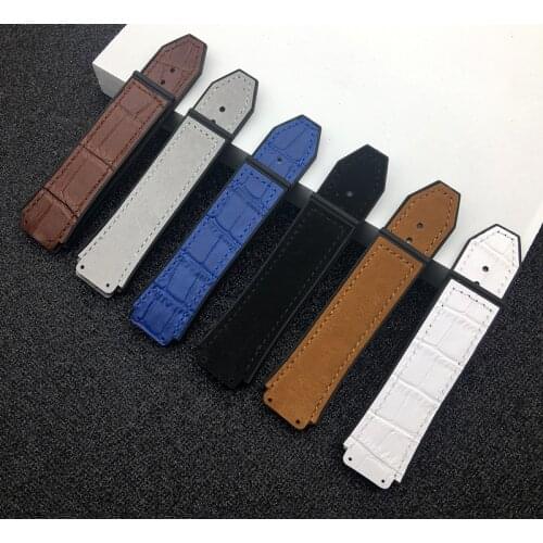 New Crazy horse cow leather with rubber silicone 25*19mm watchband watch band for Hublot strap for Big bang belt with logo on