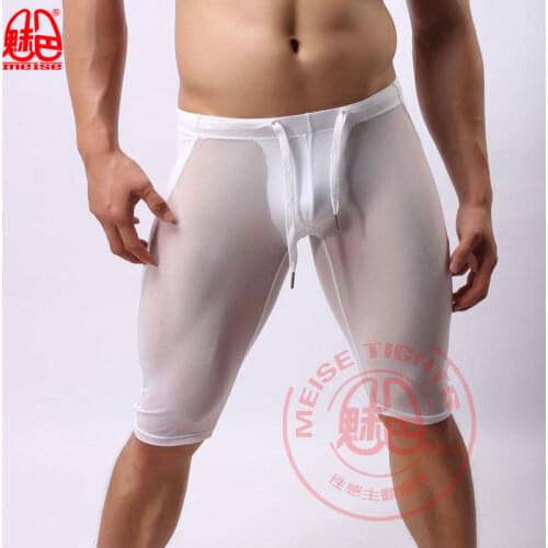 Sexy Men Plus Size Patchwork Ice Silk Solid Big U Convex Pouch Half-length Boxer See Through Long Leg Underpants Boxer Gay Wear