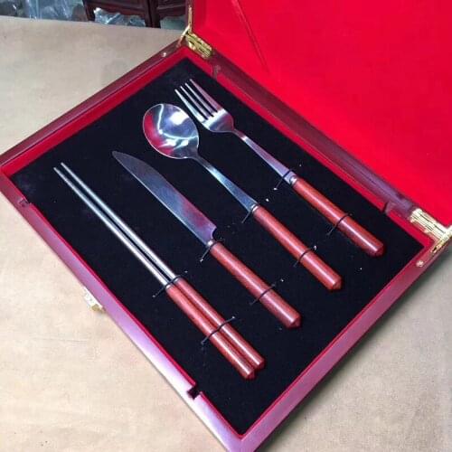 Cutlery four-piece chopstick spoon Indian leaflet rosewood plus stainless steel tableware wooden high-end gift box customized by