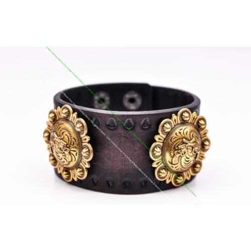 Vintage Motocycle Biker Punk Brass Gun Cross Western Concho Quality Wide Cowhide Leather Bracelet Wristband Cuff Bangle