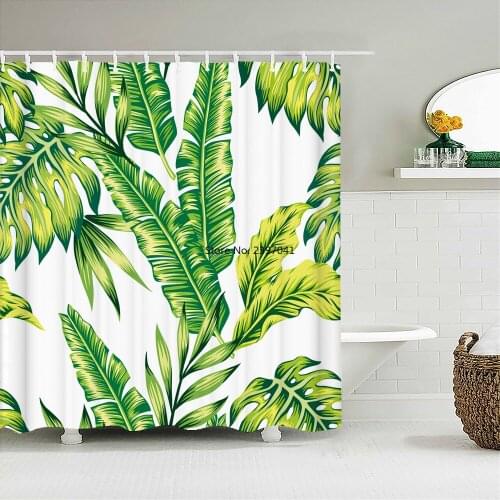 Colorful Flower Green Plants Palm Bathroom Curtain Waterproof Polyester Shower Curtain Bath Curtain for Bathroom with Hooks