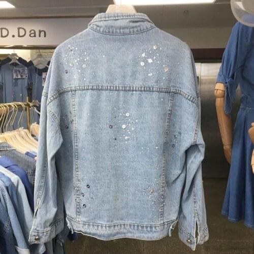 High Street Female Jean Jacket Spring Autumn Loose Sequins Diamonds Denim Coat Women Fashion Solid Color Cowgirl Outerwear Black