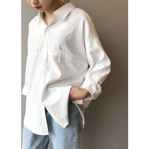 Vintage Loose 2021 Fall Shirts For Women Turn-down Collar Solid Female Long Sleeve Shirts Tops Casual Pockets Blouses T015