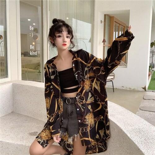 New product Harajuku Vintage Printed medium length BF loose chiffon shirt Women Spring Casual Sexy Loose Long Sleeve Shirt