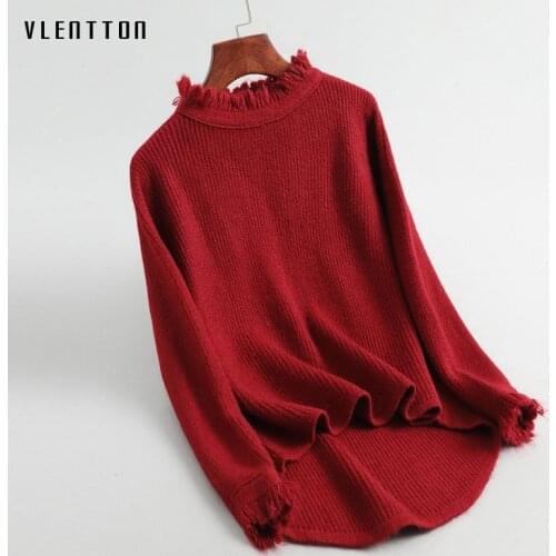 Autumn Winter Korean Long Sleeve Red Women Knitted Sweater Casual Pullover And Jumper Thick Tassel Turtleneck Sweaters Ladies