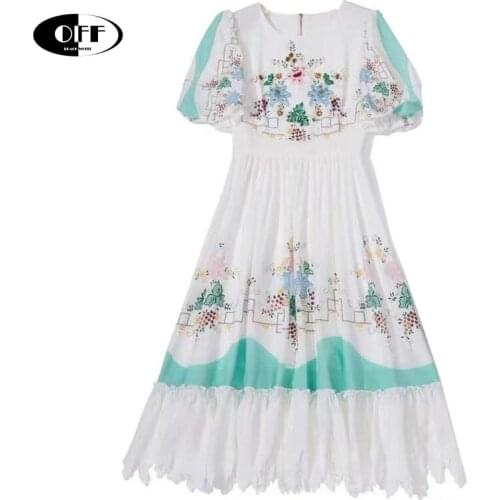 Designer Runway Beach Holiday Midi Dresses For Women Summer Patchwork Lace Up Puff Short Sleeve Elegant Ladies Dress Femme Robes