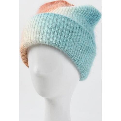 Winter New Gradient Rainbow Beanie Hat Women Rabbit Fur Skullies Knit Hat Female Warm Fashion Tie Dye Bonnet Cap Wholesale