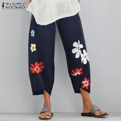2021 Autumn Casual Long Pantalon ZANZEA Vintage Turnip Trousers Women Elastic Waist Printed Cotton Linen Harem Pants Kaftan