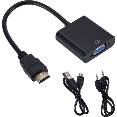 HDMI-Compatible Male to VGA Adapter Female Video Converter with 3.5mm Audio Cable + Power Cable for PC Desktop Laptop Monitor