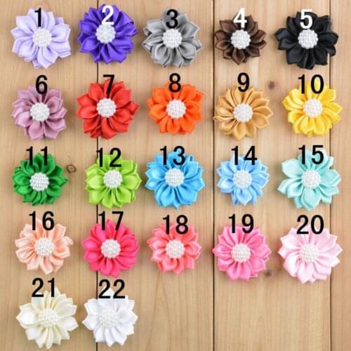 2 Inch 22 Colors Satin Flowers Satin Rosettes With Pearl For Headband Hair Accessories 120Pcs/lot