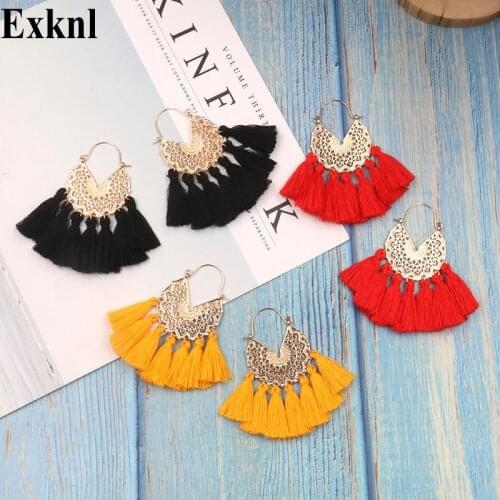 Exknl Bohemian Fan Shaped Tassel Earrings for Women Female Fringe Handmade Dangle Earring Vintage Dangle Drop Earrings Jewelry