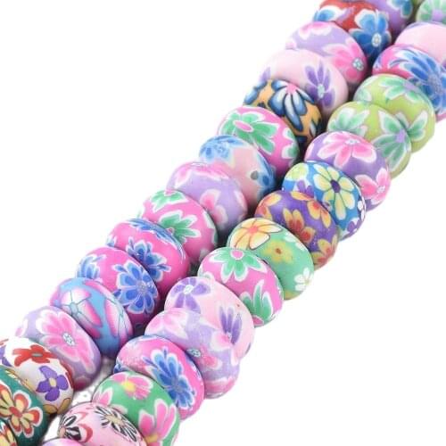 About 56pc/strand Flower Printed Polymer Clay Beads Strands Rondelle for Jewelry Making Necklace 11~12.7mm Bead Hole 1.4mm