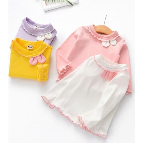 Baby Girl T-Shirt Clothes Long Sleeve Kids Solid Color Rabbit Ear Cute Ruffle Puff Sleeve T-shirt Tops Tee