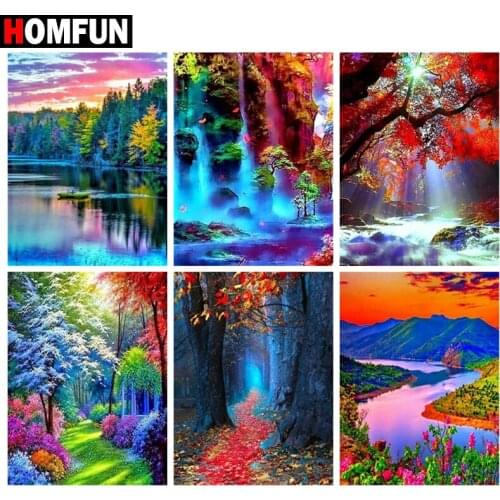 HOMFUN Square Round Drill 5D Diamond Painting Environmental Crafts Full Diamond Embroidery "Forest lake colored" Home decor
