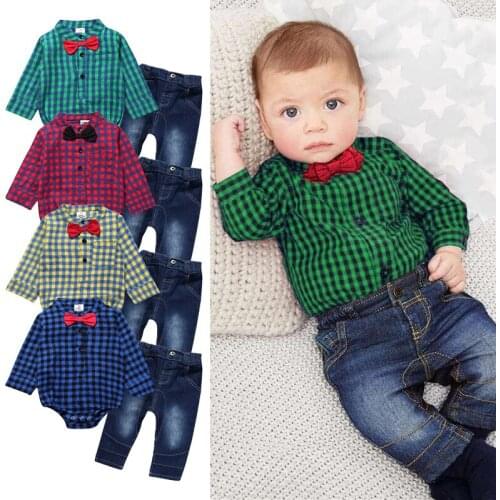 For Newborn Romper New Wholesale Gentleman Plaid T-Shirt+Jeans Toddler Kid Bodysuit Set For Baby Boy Clothes Set Infant 6-24M
