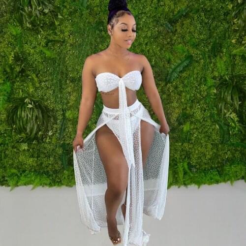 2 Piece Sets Sexy Women Beach Cover Up Summer Sheer Bikini Cover-up Crop Top And Beach Skirt Swimwear Athing Suit Cover Ups