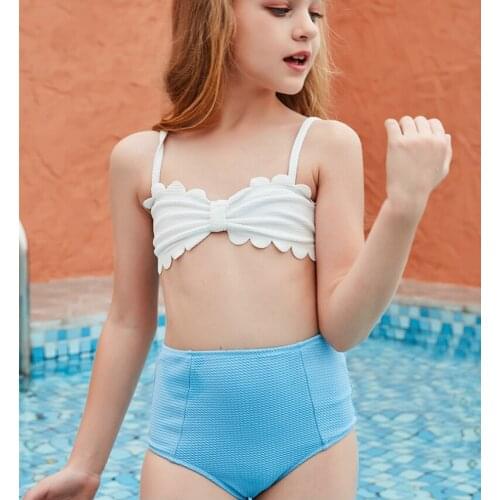 Girls Two Piece Swimsuit, Smocking Lace Vest Solid Color Sling High Waist Shorts for Kids