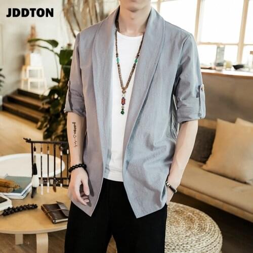 JDDTON Autumn Men Kimono Open Linen Jackets Solid Outerwear Thin Coats Loose Casual Male Long Sleeve Retro Loose Overcoats JE140