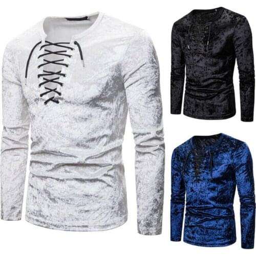 2021 Hot Mens Lace Up V Neck T-Shirt Long Sleeve Crushed Velvet Top Tee Shirt Gothic