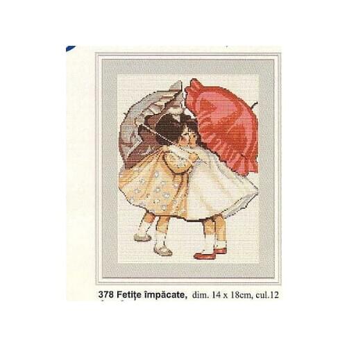 Counted Cross Stitch Kit Reconcilled Reconciled Girls Umbrella Kiss Love two Little Girl in Rain Kissing luca-s luca B378