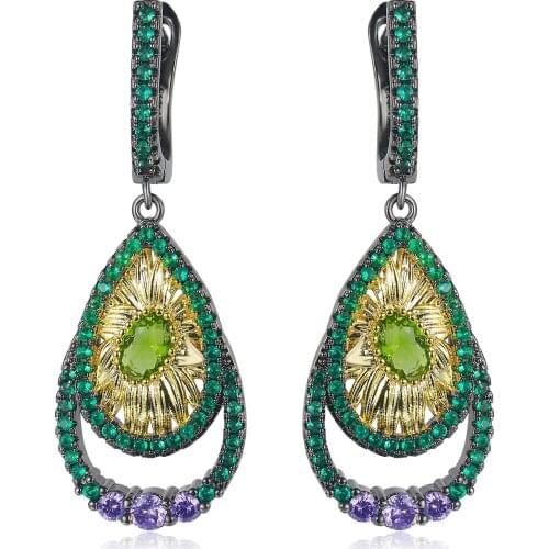 CIZEVA New Style Black Gold Jewelry Dangle Long Earrings for Women 925 Silver Sun Flower Zricon Drops Earring Bohemia Jewelry