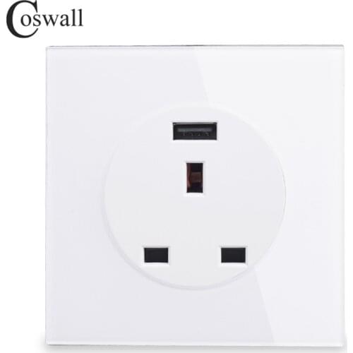 Coswall Crystal Glass Panel 13A Wall Outlet UK British Standard Power Socket With USB Fast Charging Port DC 5V 2A R11 Series