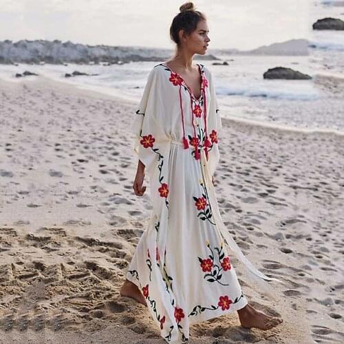 KIYUMI Boho Hippie Dress Women Autumn Floral Embroidery Cotton Dresses V-neck Tassel Batwing Sleeve Oversized Beach Sunday Dress