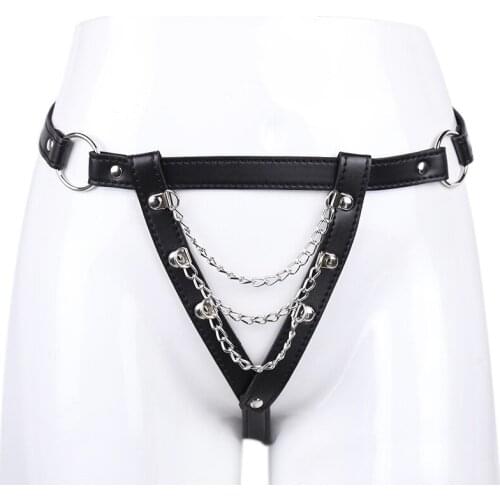 Women Sexy Lingerie Panties with Chain Strap on Harness Leather Underwear Imitation Leather Pants Adult Games Sex Toys Sex Belt