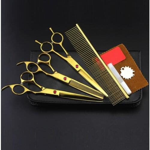 4 kits Professional Gold pet 7 inch shears cutting hair scissors set dog grooming clipper thinning barber hairdressing scissors