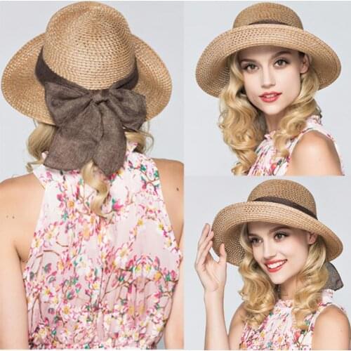 Womens Summer Wide Brim Sun Hat Sunscreen Bow Foldable Solid Color Straw Hat Casual New Fashion Beach Sun Hat chapeau femme