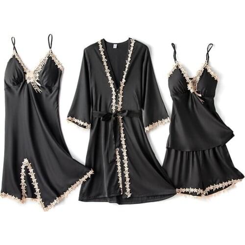 Sexy 4PCS Nighty Sleepwear Sleep Set Women Lace Nightwear Silky Satin Pajamas Suit Spring New Pyjamas Lounge Intimate Lingerie