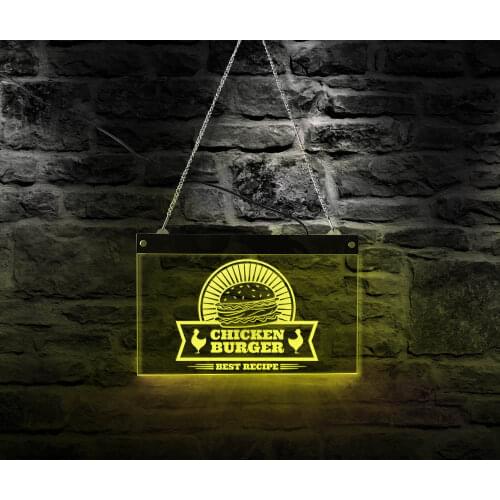 Best Recipe Chicken Burger Business Logo LED Lighted Neon Sign Fast Food Restaurant Hamburger Acrylic Wall Hanging Light Board