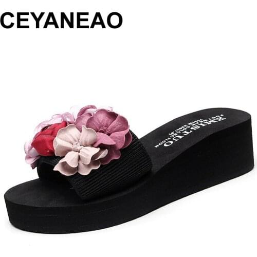 CEYANEAO Light Women High Heel Slippers Woman Soft Flower Slippers Beach Shoes Open Toe Girls Princess Shoes Parent Child Shoes