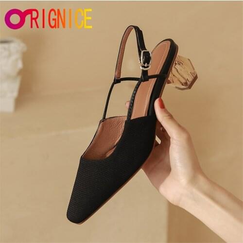Orignice New Arrival Casual Sling Back Women Kitting Pumps Round Toe Thick Heels Buckle Strap Solid Color Dress Party Shoes