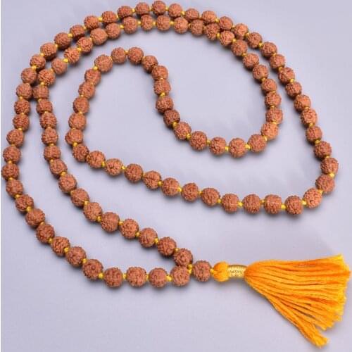 Vintage Natural Rudraksha 108 JapaMala Necklace for Men Buddhist Prayer Beads Reiki Spiritual Healing Tassel Necklace Handmade